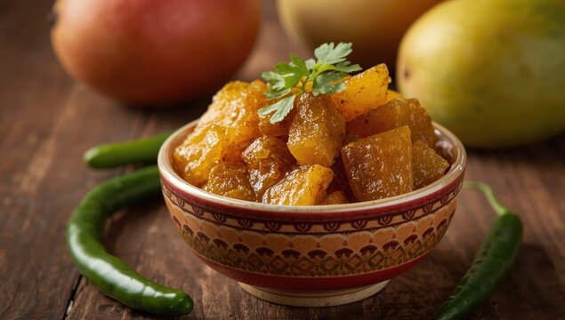 Homemade raw mango chutney is a classic Indian condiment made from unripe mangoes, spices, and oil