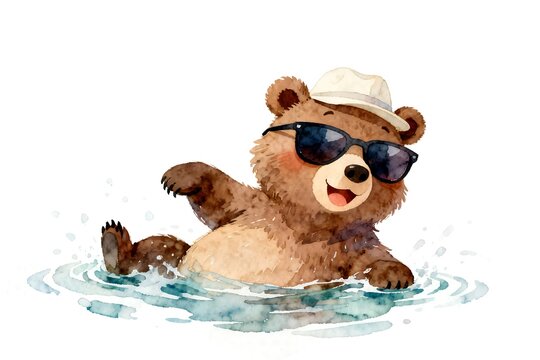Cheerful cartoon bear swimming playfully, wearing sunglasses and hat, soft watercolor splashes, pastel tones, white background