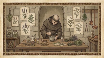 Naklejka premium A medieval monk herbalist prepares traditional medicine in an apothecary workshop.