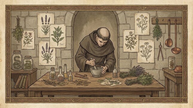 A medieval monk herbalist prepares traditional medicine in an apothecary workshop.