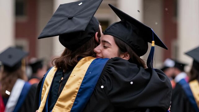 Happy graduation student girls hug in full regalia clothes. Theme of graduation concept
