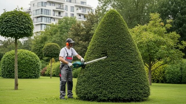 Gardener trimming a shrub with a hedge trimmer in a wellmanicured garden