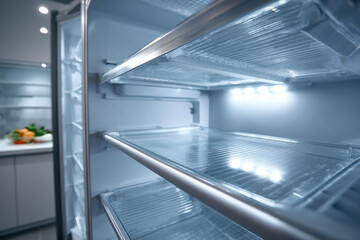 Fototapeta premium The interior of a freezer with empty shelves in a kitchen Close-up of empty refrigerator shelves