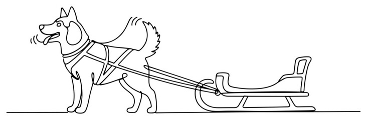 Sled dog pulling sleigh one line drawing, continuous line art of husky working in winter snow © ----WWWLINE----