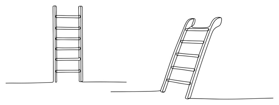 Wooden or metal ladders set one line drawing, continuous line art of vertical and leaning ladder for construction and home improvement