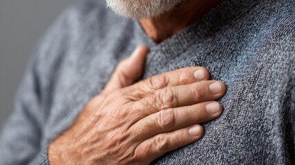 Senior man suffering from sudden chest pain and heart attack symptoms at home, elderly male clutching his chest in pain feeling unwell and having difficulty breathing, cardiovascular disease concept
