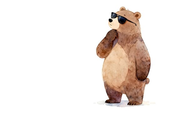 Watercolor illustration of a thoughtful cartoon bear with stylish sunglasses on white background, calm mood