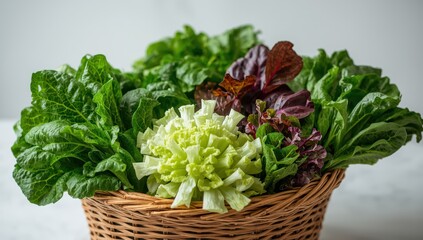 Fototapeta premium Various salad greens, including green oak, rat oak, butterhead, and green coral, are placed in a basket