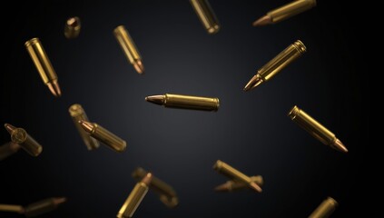 Naklejka premium An eye-catching image of golden bullets floating against a dark backdrop, showcasing their shiny surfaces and intricate details
