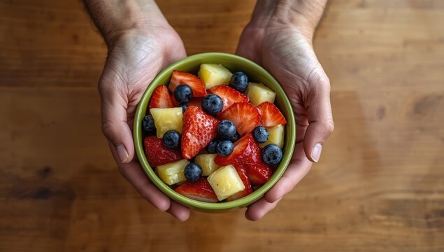 White male hands present a fresh fruit salad in a green bowl. Concept of healthy eating on a wooden surface