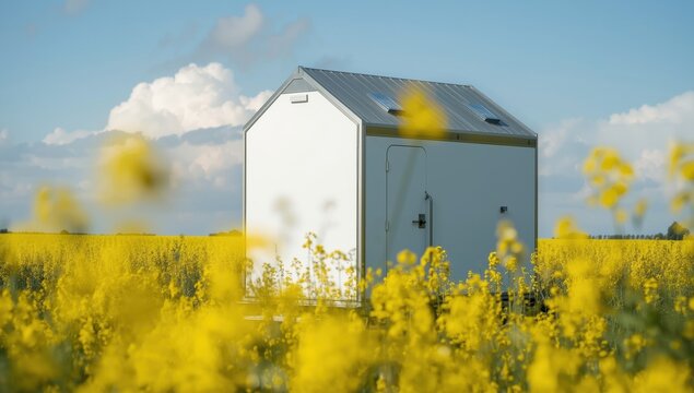 Portable restroom for events, concerts, sports, and job sites. Portable restroom in a rapeseed field