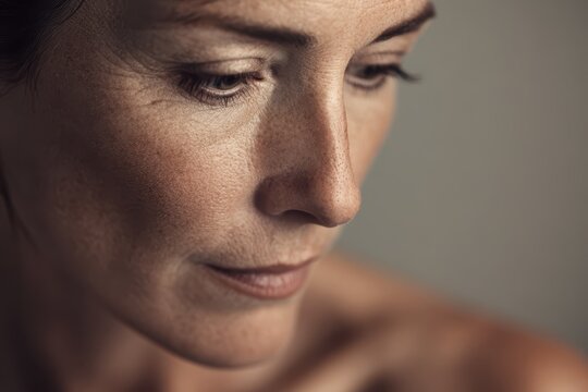 Elegant close-up of a female face showcasing skin detail, subtle lines, and neutral tones