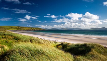 Melvich Bay Scotland Nc500 Route Sunny Beach Dunes With Green Grass Clear Blue Sky And White Clouds