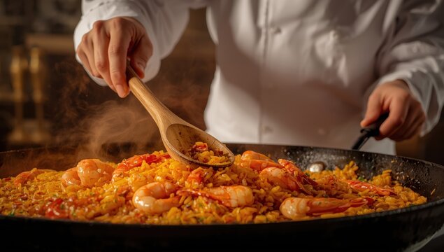 A chef artfully makes traditional paella, mixing fresh shrimp with colorful rice, embodying culinary skill and heritage
