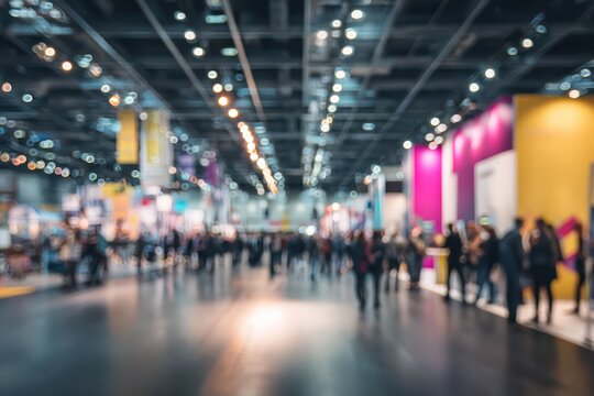 Background of a busy exhibition space with soft color bokeh and motion