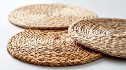 Obraz premium Natural fiber circular placemats arranged on white surface for minimalist dining decor