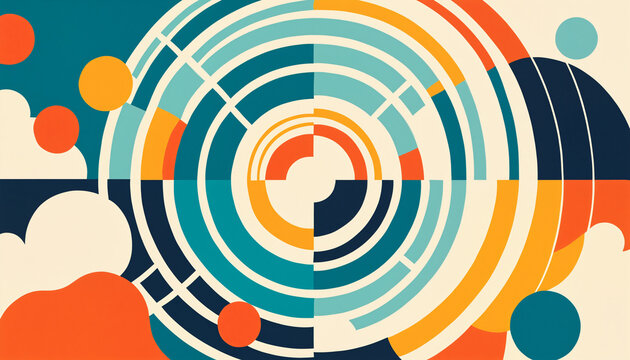 symmetrical concentric rings in teal and orange with cloud like geometric shapes on a split color field representing mid century modern retro aesthetic and balanced composition