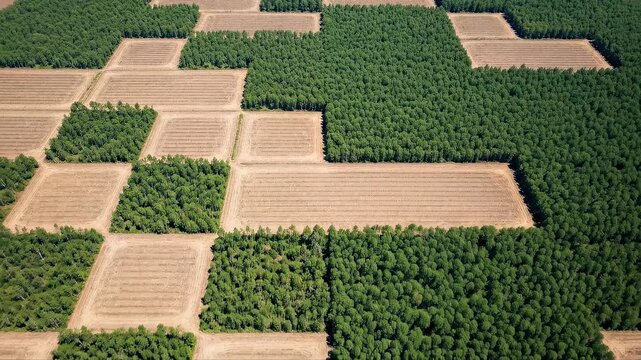 Aerial view of patchwork forest and farmland: nature's geometric patterns from above