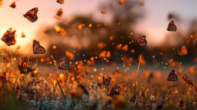 Swarm of monarch butterflies in golden hour flight over a sunlit meadow