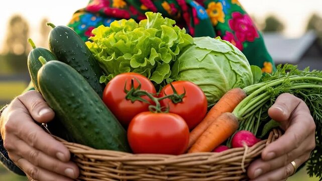 Fresh harvest bounty: vibrant vegetables in basket held by gardener in colorful scarf