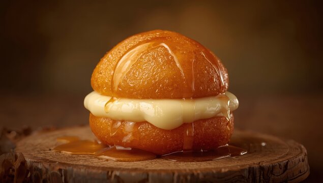 Cream-filled Gulab Jamun sandwich. A fusion of soft, golden Indian dessert bathed in syrup, ideal for festivities and treats
