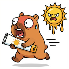 Funny sunburnt capybara running from angry sun with SPF sunscreen, scared cartoon rodent character in summer heat, skin protection concept, flat vector illustration on white background