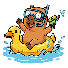 Cute capybara in snorkeling mask floating on yellow rubber duck with water gun, happy cartoon rodent character on summer vacation, joyful water fun vector illustration on white background.