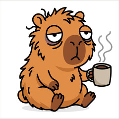 Funny sleepy capybara character holding a steaming mug of hot coffee, tired giant rodent with messy fur and dark circles under eyes, humorous morning routine vector cartoon illustration.