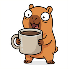 Happy cartoon capybara holding a huge mug of hot coffee, cheerful animal character enjoying morning caffeine boost, energetic giant rodent mascot for cafe and office humor design.