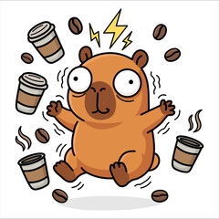 Funny hyperactive capybara character vibrating with caffeine energy, surrounded by floating coffee cups, beans and lightning bolts, humorous vector illustration of morning coffee rush.