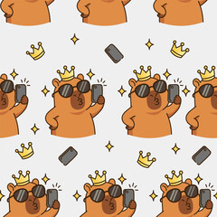 Cute seamless pattern with capybara wearing crown and sunglasses taking selfie on smartphone. Vector kawaii animal illustration for nursery textile and trendy youth fashion design.