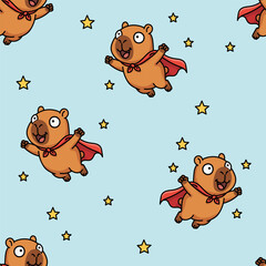 Seamless pattern with cute capybara superhero in red cape flying among stars, funny rodent character cartoon vector illustration for kids textile and wallpaper design.