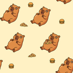 Funny seamless pattern with fat capybaras eating pizza and burgers, cute cartoon rodent character in kawaii style on yellow background for fast food packaging and textile print.
