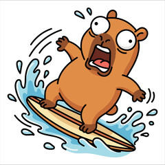 Funny terrified capybara surfing on wave, cute cartoon rodent character in shock on surfboard, summer beach humor and ocean adventure, flat vector illustration on white background.