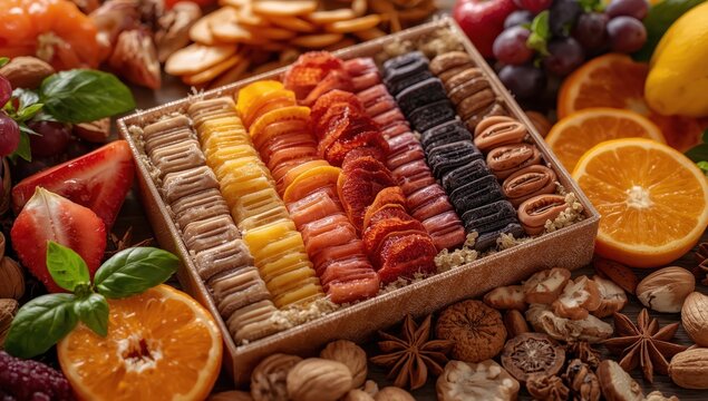 A gift box containing assorted fruit pastilles, chips, dried fruit, fresh fruits, nuts, spices, and basil leaves