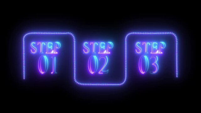  Neon  medical data blue rectangle infographic 3 steps template animation. Sequence options HD video. Animated blank diagram visualization. Process layout empty design element on black background 4k