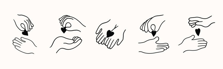 Obraz premium Contour line doodle drawing of hands holding heart, line art drawing. Hand giving heart to another hand set, collection. Support, care, charity concept. Doodle simple playful style, black and white.