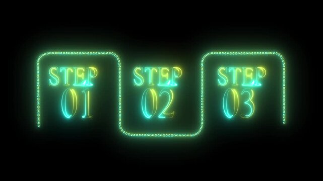 Neon Medical data blue rectangle infographic 3 steps template animation. Sequence options HD video. Animated blank diagram visualization. Process layout empty design element on black background 