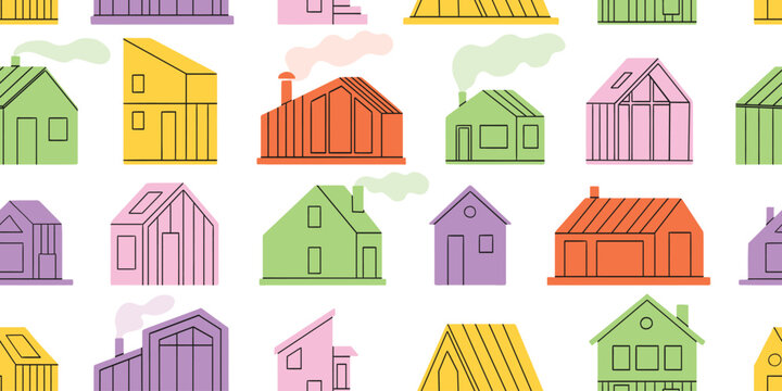 Tiny houses seamless pattern. Small cute house pattern. Cute cartoon village town repeated texture. Doodle cozy tiny cottages background, forest cabin, glamping. Repeating little suburban town houses.