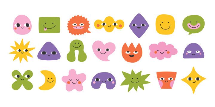 Geometric abstract comic faces, different emotions. Cute doodle faces, head, abstract smiling emoji, user pic. Funny faces for business team avatar. Modern contemporary art style. Circle, flower.