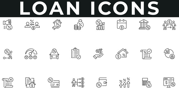 Loan Icons vector illustration with thin line editable stroke containing borrow, rate, wallet, installment, mortgage, money, interest, lending, debtor, loan application, credit card, approval.