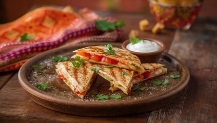Mexican-style quesadillas with grilled red peppers and corn, cut into wedges on a rustic table