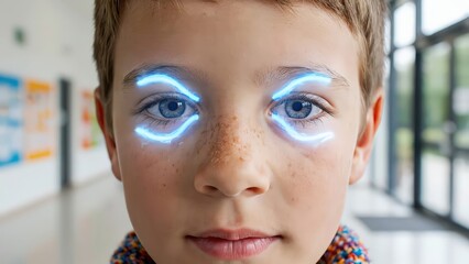 Young boy with freckles and blue eyes activates facial recognition technology, displaying glowing lines around his eyes, confirming access in a bright indoor setting