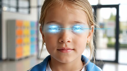 Young girl with blue glowing eyes smiles as blue shapes appear on her face, followed by a graphic displaying access granted in a bright indoor setting