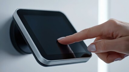 Close-up of Caucasian female finger touching biometric scanner screen, displaying fingerprint recognition process and access granted message in a modern security setting