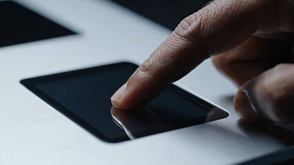 Close-up of a hand pressing a fingerprint scanner, revealing fingerprint pattern, followed by a green access confirmation on a sleek electronic device interface