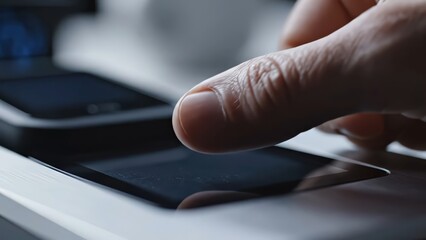 Close-up of a hand pressing a fingerprint scanner on a device, showing fingerprint recognition and access confirmation on the screen in a modern setting
