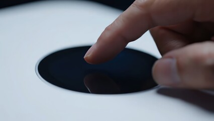 Close-up of a hand pressing a fingerprint sensor, revealing a fingerprint pattern, followed by confirmation of access on a digital interface with illuminated feedback
