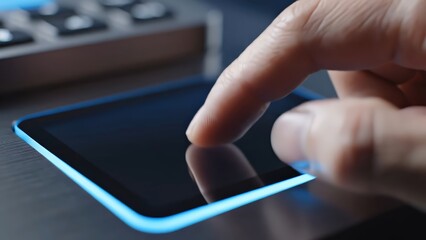 Close-up of hand pressing biometric scanner, revealing fingerprint recognition and displaying access granted message on digital screen in modern office setting