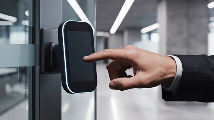 Businessman in suit uses biometric scanner to gain access, showing hand on screen, scanning in progress, and confirmation of access granted in modern office setting